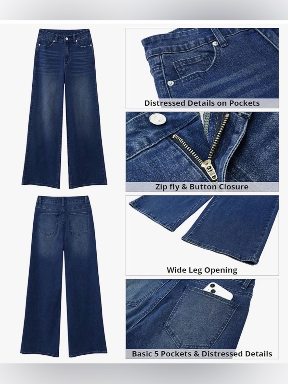 Wide Leg Flare Jeans for Women - Dark Blue - Picture 5 of 6
